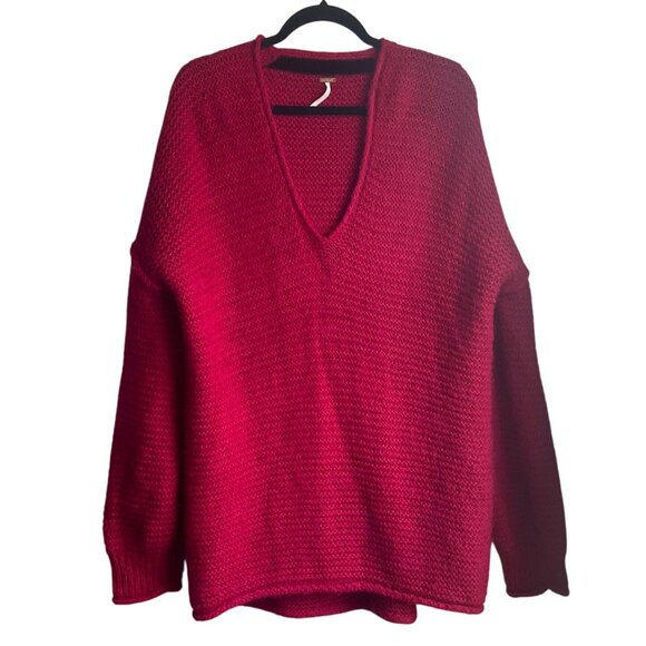 Free People S V-Neck Oversized Knit Sweater All Mine Hot Pink Alpaca Bl Slouchy - Picture 2 of 10